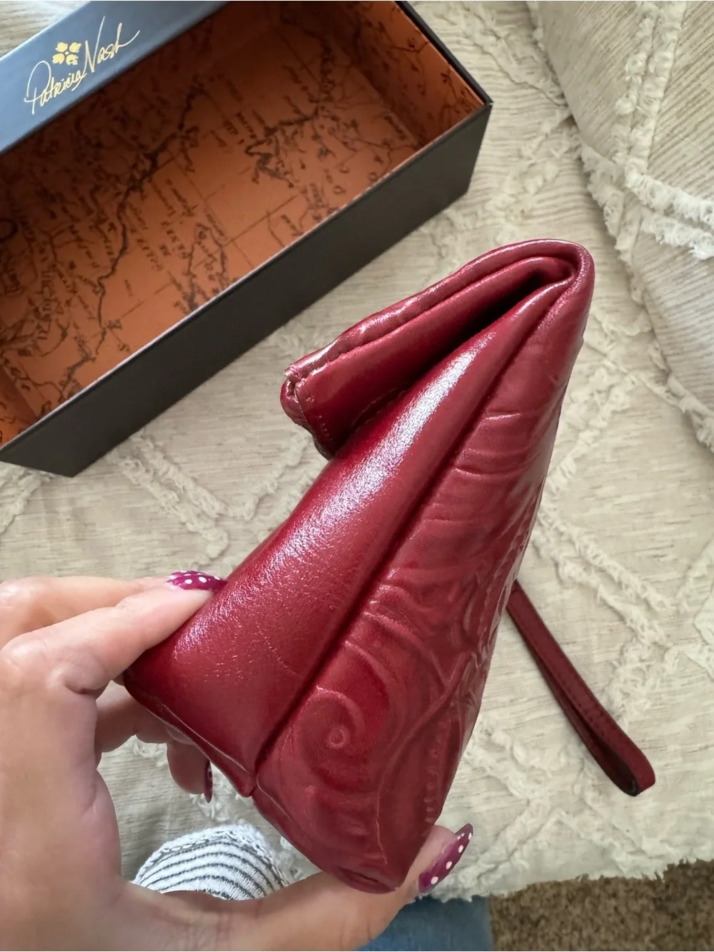 Patricia Nash Burgundy Embossed Leather Fold-Over Wristlet Clutch